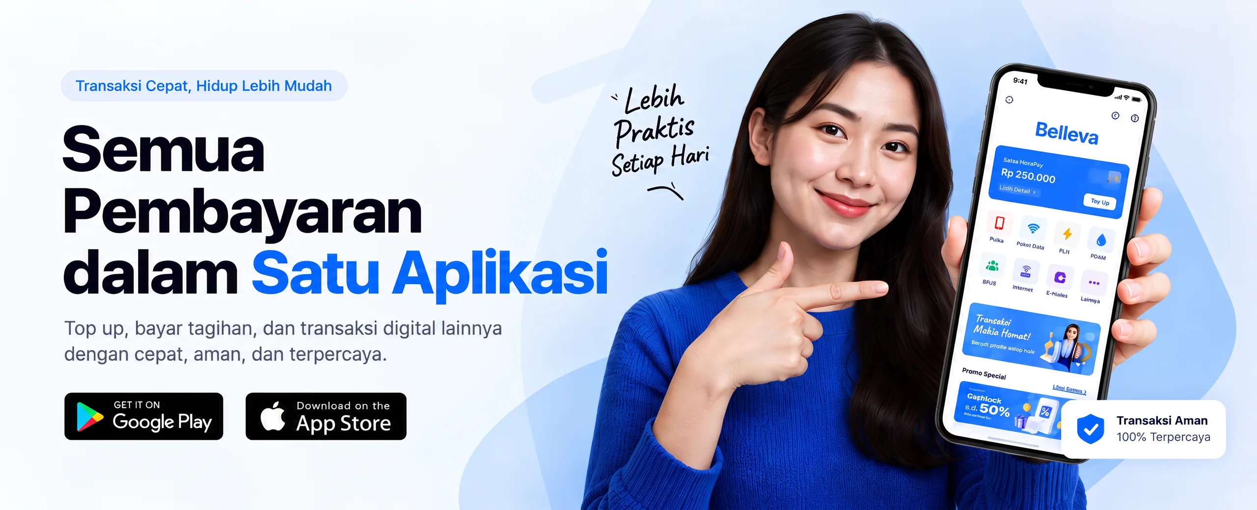Aplikasi Belleva untuk isi pulsa, paket data, token PLN, PDAM, BPJS, internet, dan uang elektronik dalam satu aplikasi